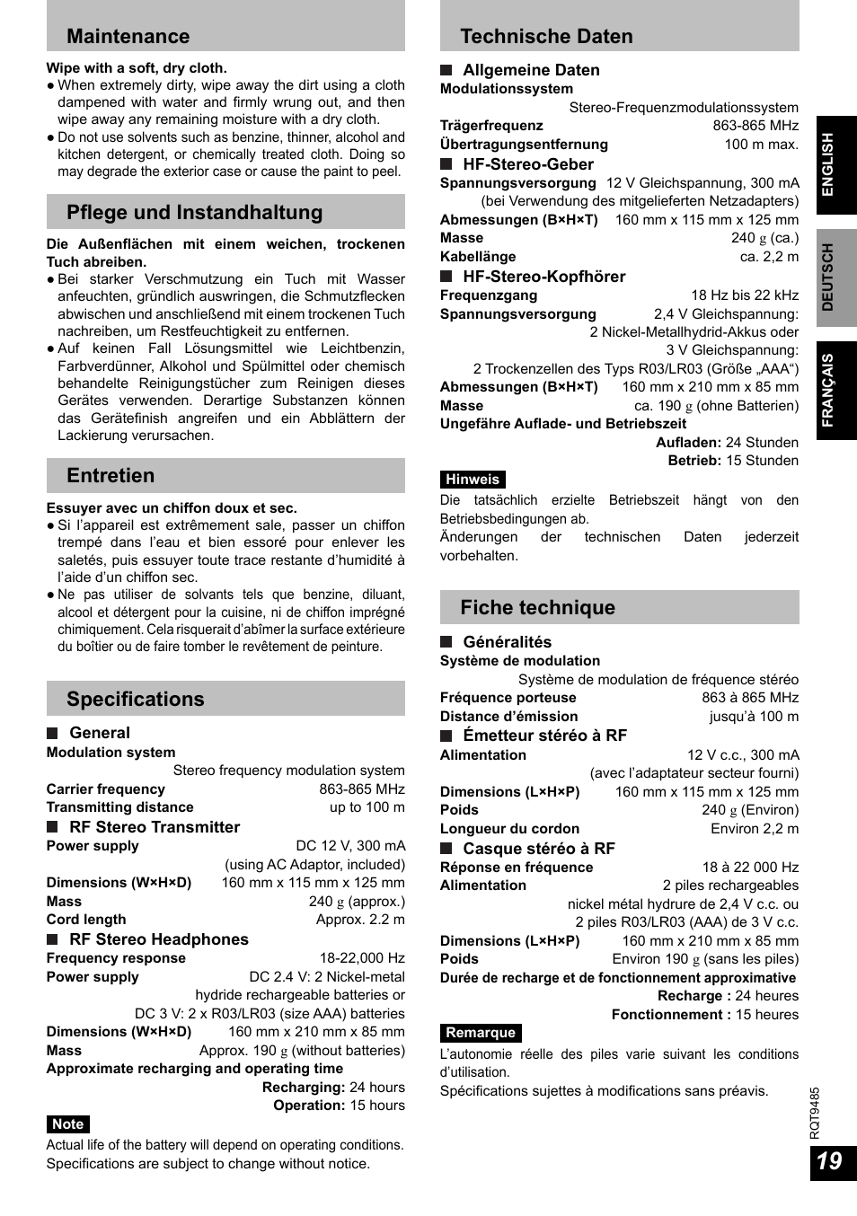 Maintenance, Pfl ege und instandhaltung, Entretien | Specifi cations, Technische daten, Fiche technique | Panasonic RPWF950 User Manual | Page 19 / 96