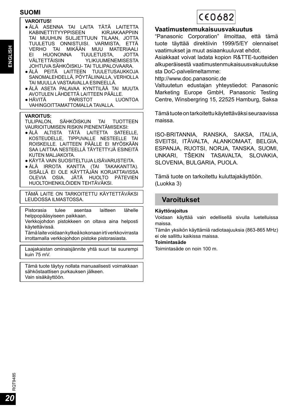 Varoitukset, Suomi, Vaatimustenmukaisuusvakuutus | Panasonic RPWF950 User Manual | Page 20 / 96