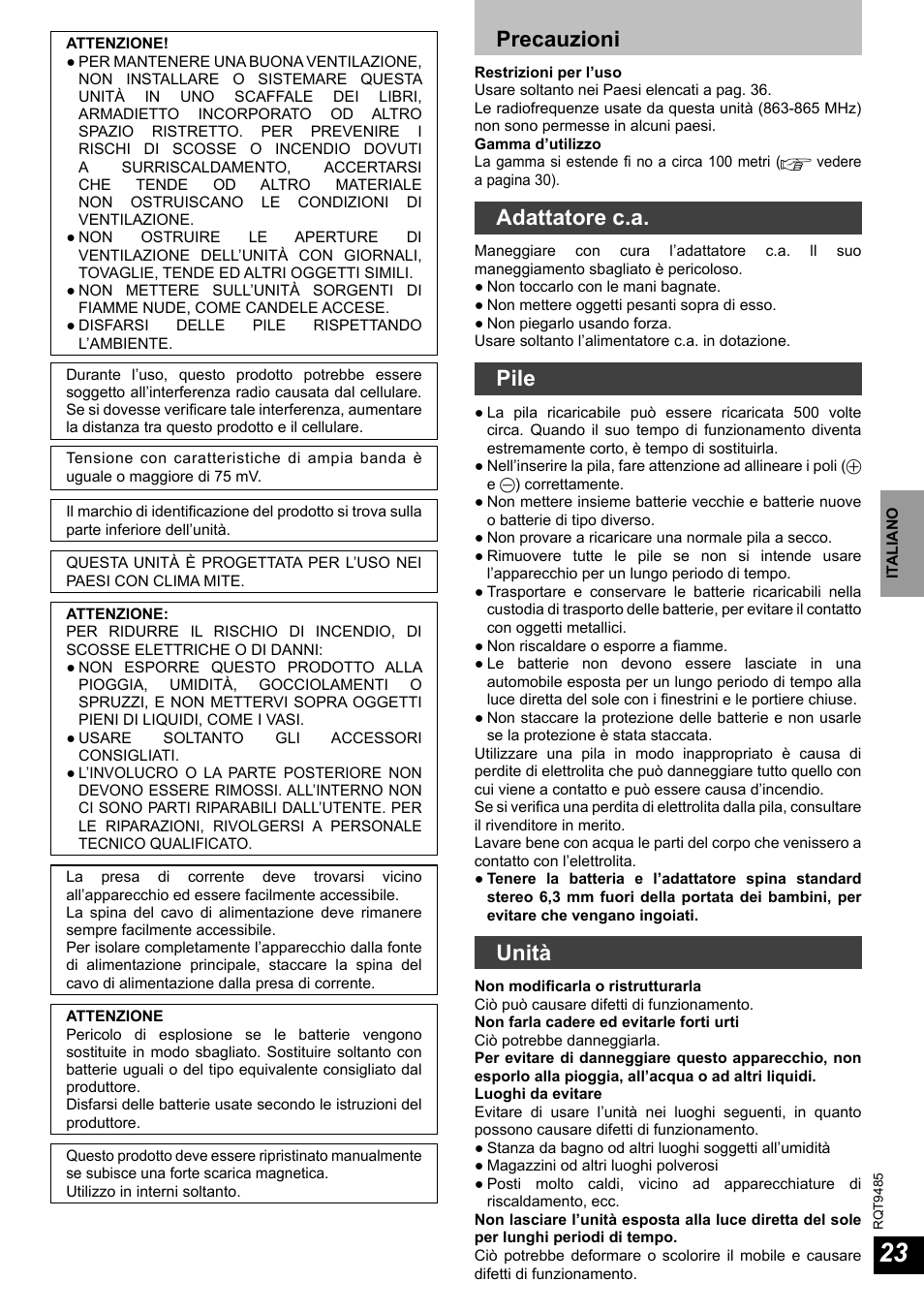 Precauzioni, Adattatore c.a, Pile | Unità | Panasonic RPWF950 User Manual | Page 23 / 96