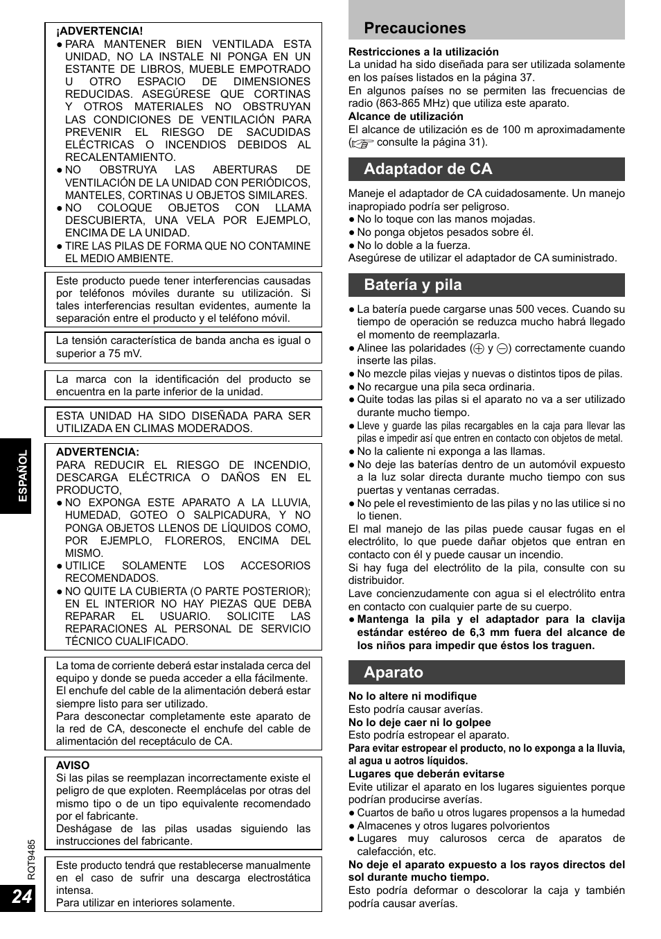 Precauciones, Adaptador de ca, Batería y pila | Aparato | Panasonic RPWF950 User Manual | Page 24 / 96