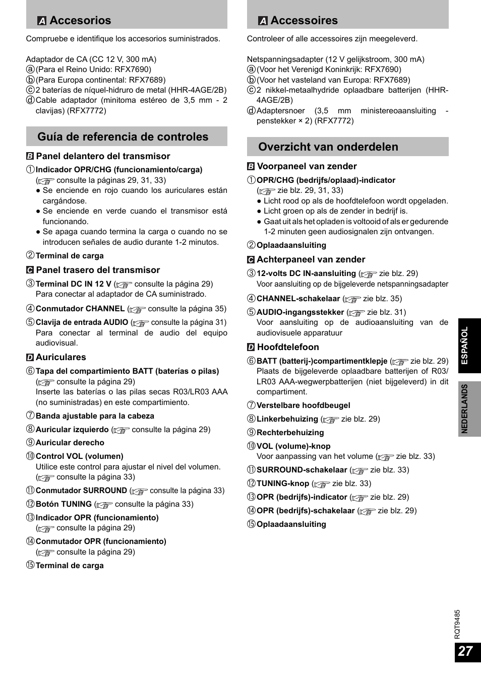 Accesorios, Guía de referencia de controles, Accessoires | Overzicht van onderdelen | Panasonic RPWF950 User Manual | Page 27 / 96