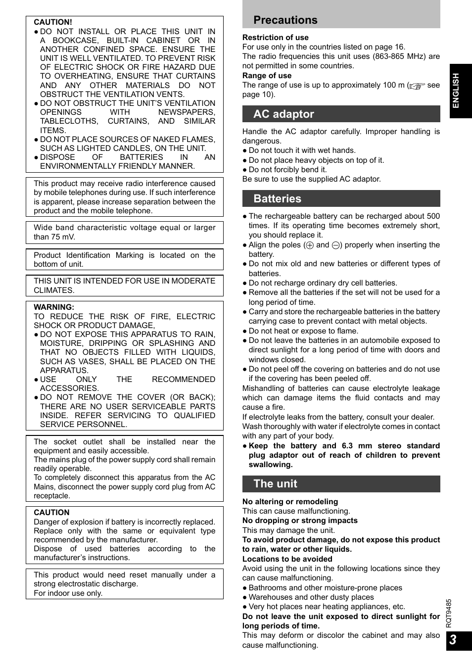 Precautions, Ac adaptor, Batteries | The unit | Panasonic RPWF950 User Manual | Page 3 / 96