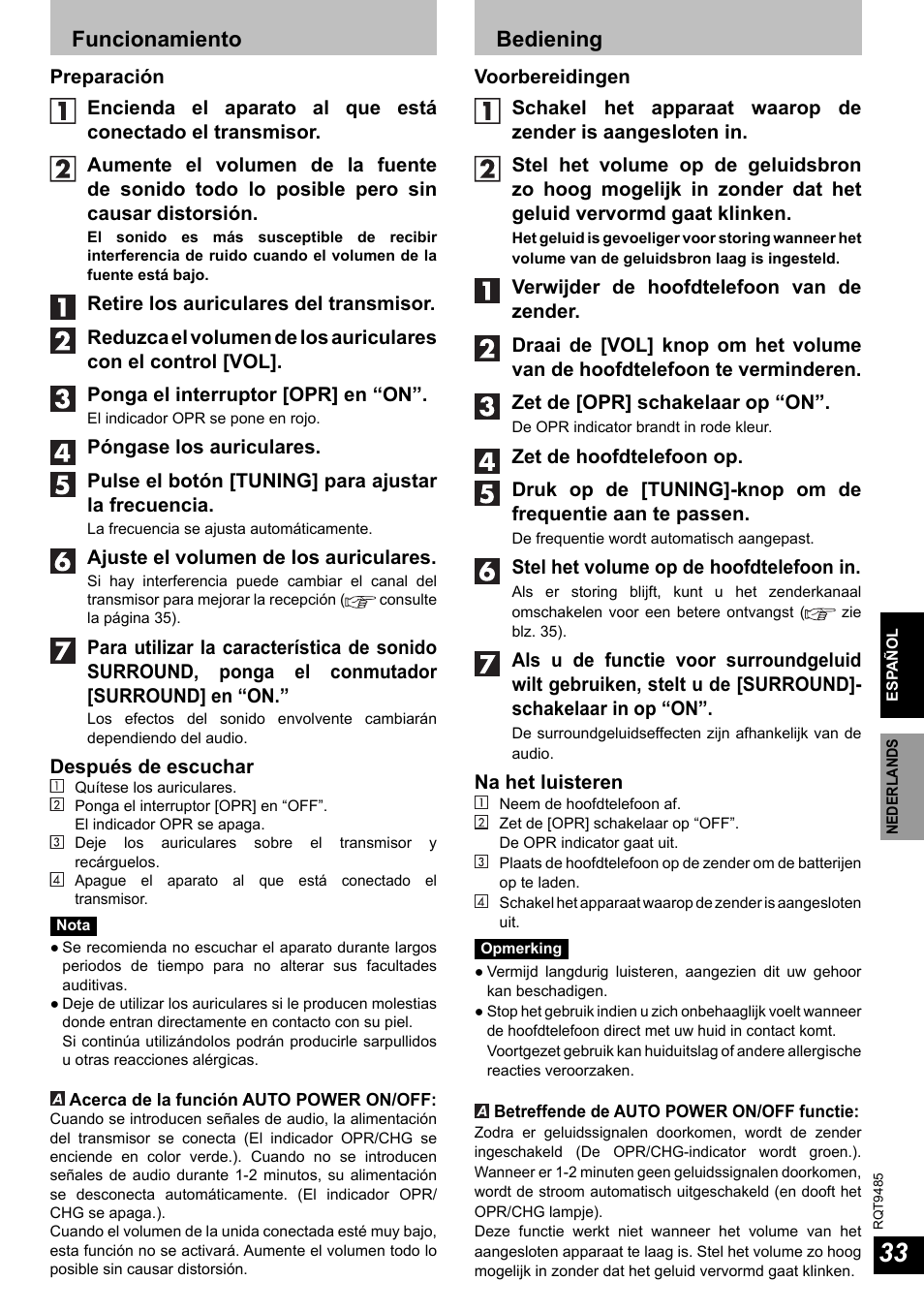 Funcionamiento, Bediening | Panasonic RPWF950 User Manual | Page 33 / 96