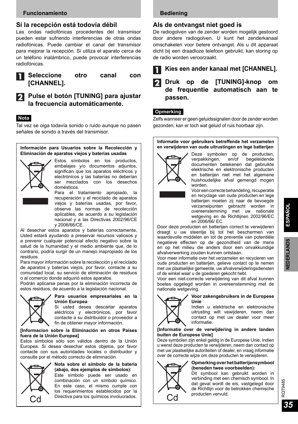 Si la recepción está todovía débil, Als de ontvangst niet goed is | Panasonic RPWF950 User Manual | Page 35 / 96
