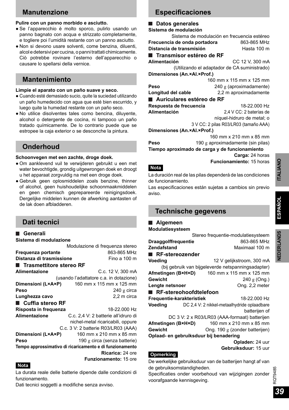 Manutenzione, Mantenimiento, Onderhoud | Dati tecnici, Especifi caciones, Technische gegevens | Panasonic RPWF950 User Manual | Page 39 / 96