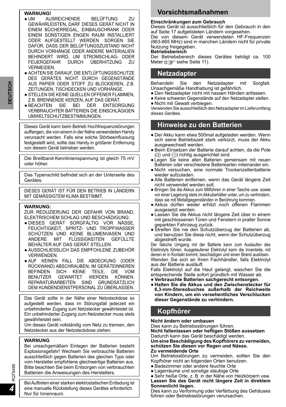 Vorsichtsmaßnahmen, Netzadapter, Hinweise zu den batterien | Kopfhörer | Panasonic RPWF950 User Manual | Page 4 / 96