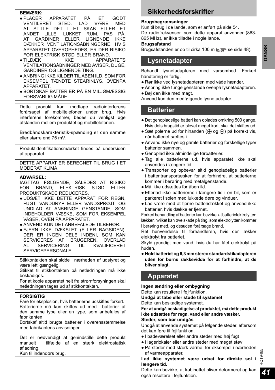 Sikkerhedsforskrifter, Lysnetadapter, Batterier | Apparatet | Panasonic RPWF950 User Manual | Page 41 / 96