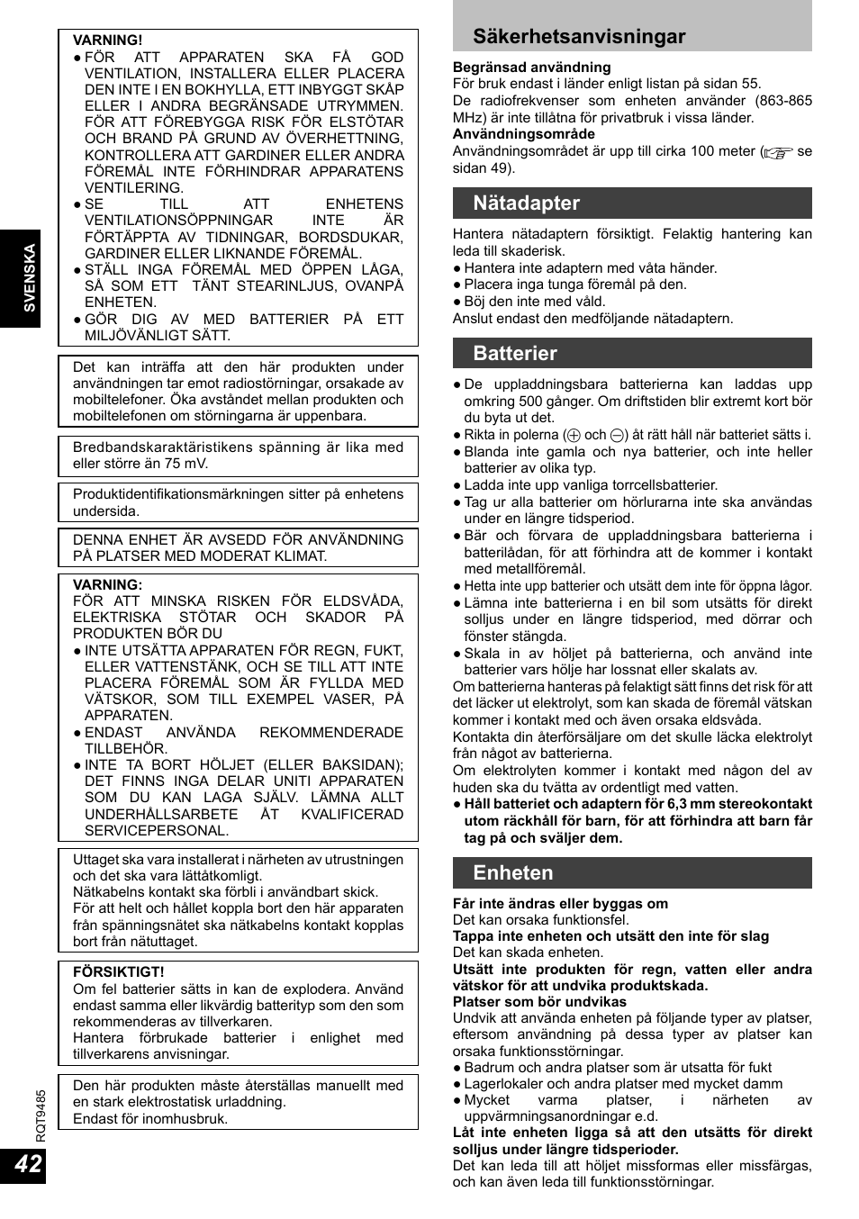 Säkerhetsanvisningar, Nätadapter, Batterier | Enheten | Panasonic RPWF950 User Manual | Page 42 / 96