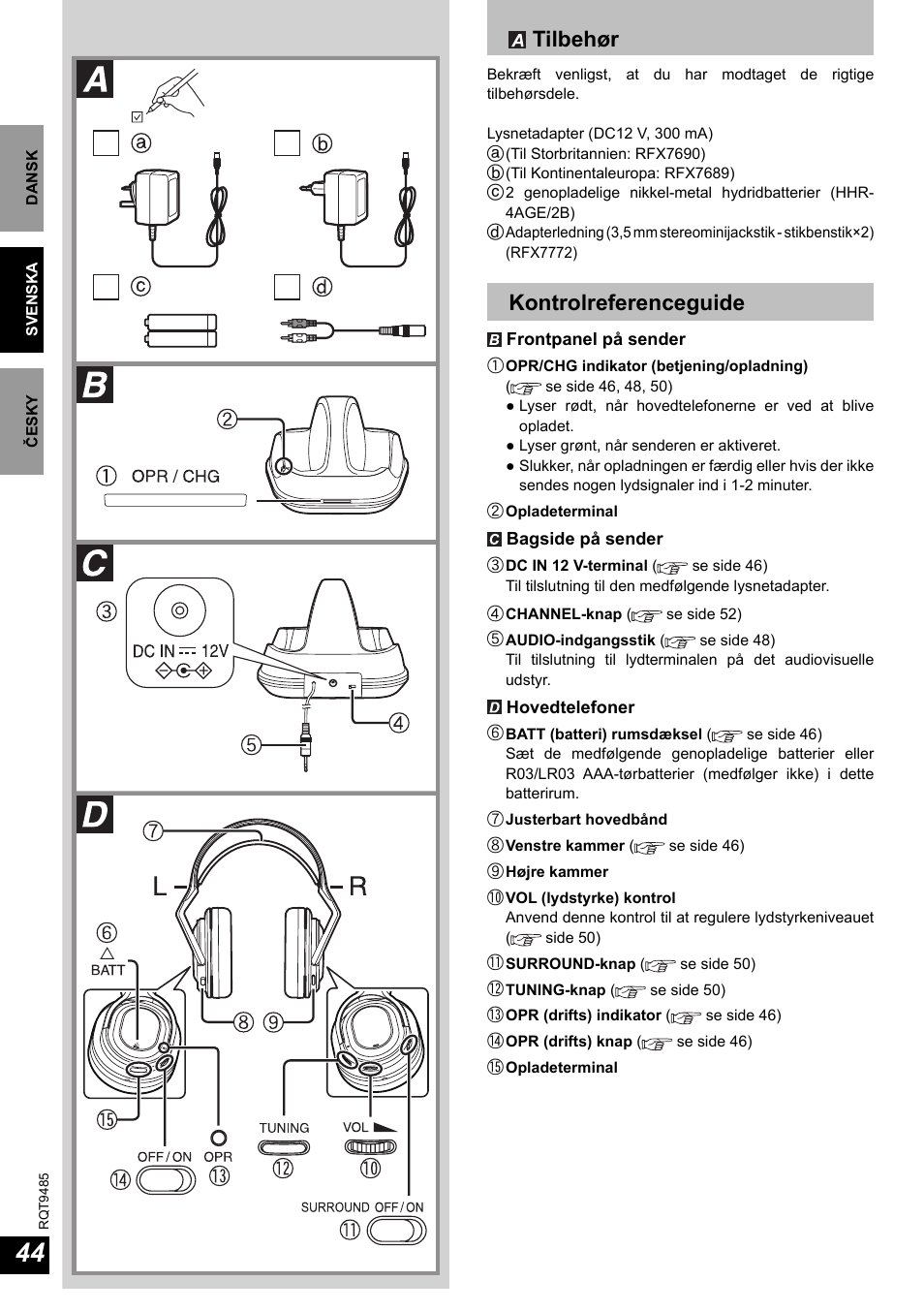 Tilbehør, Kontrolreferenceguide | Panasonic RPWF950 User Manual | Page 44 / 96