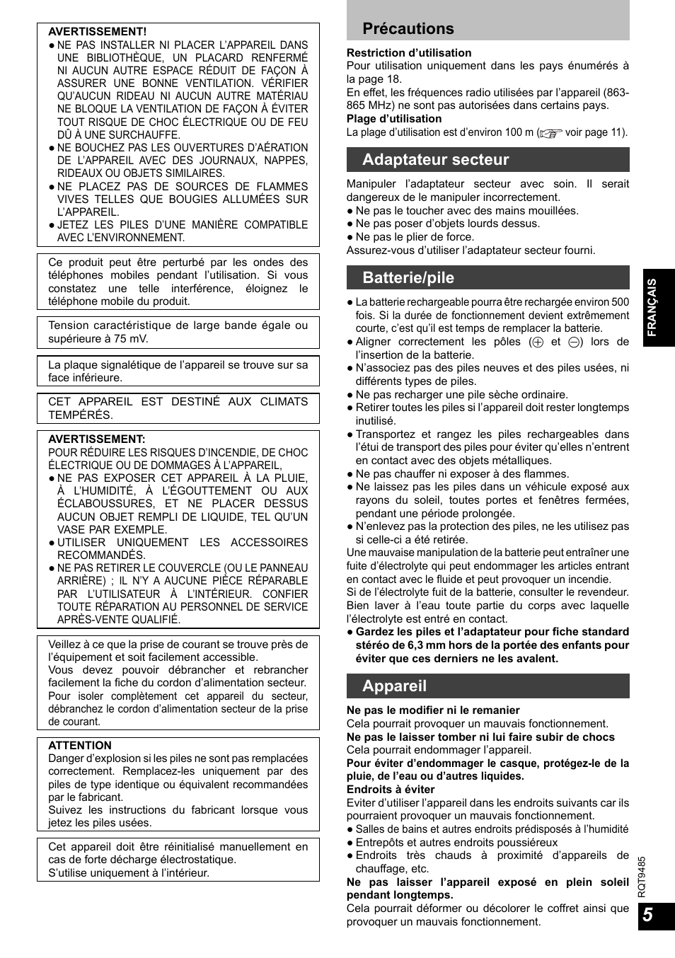 Précautions, Adaptateur secteur, Batterie/pile | Appareil | Panasonic RPWF950 User Manual | Page 5 / 96