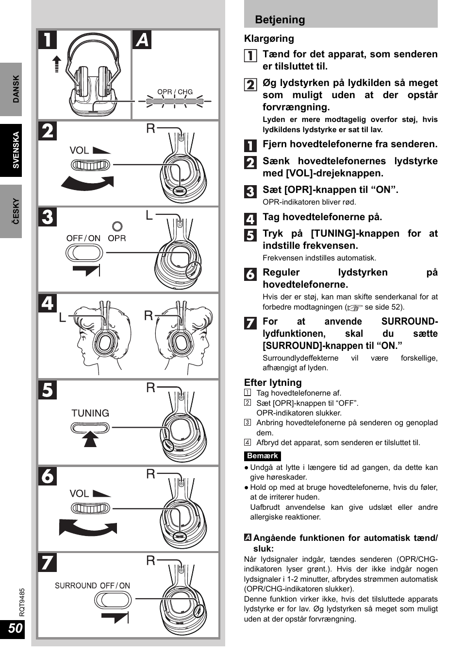 Betjening | Panasonic RPWF950 User Manual | Page 50 / 96