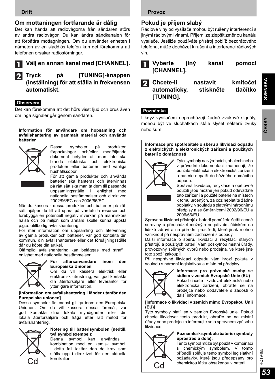 Om mottaningen fortfarande är dålig, Pokud je příjem slabý | Panasonic RPWF950 User Manual | Page 53 / 96