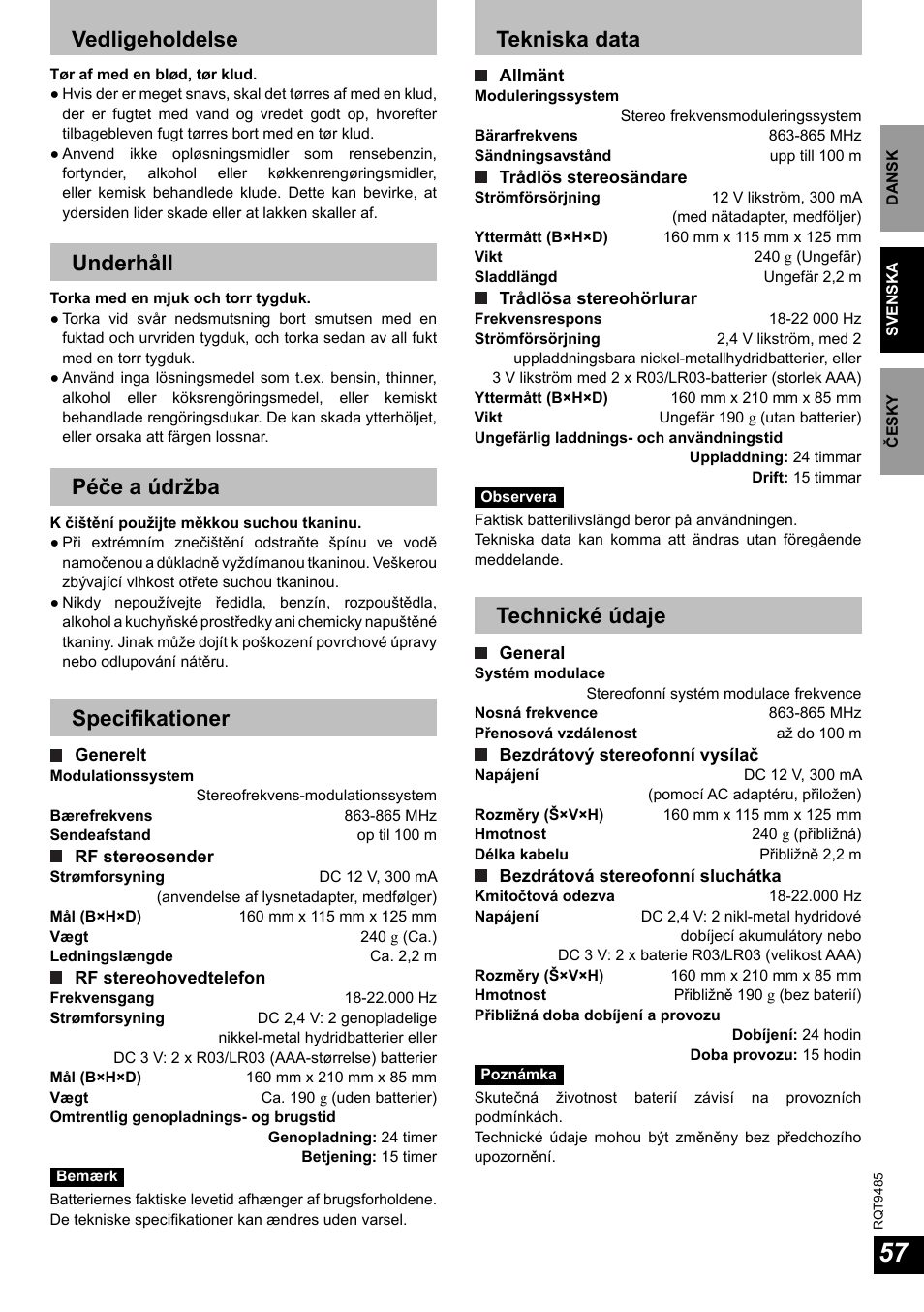 Vedligeholdelse, Underhåll, Péče a údržba | Specifi kationer, Tekniska data, Technické údaje | Panasonic RPWF950 User Manual | Page 57 / 96