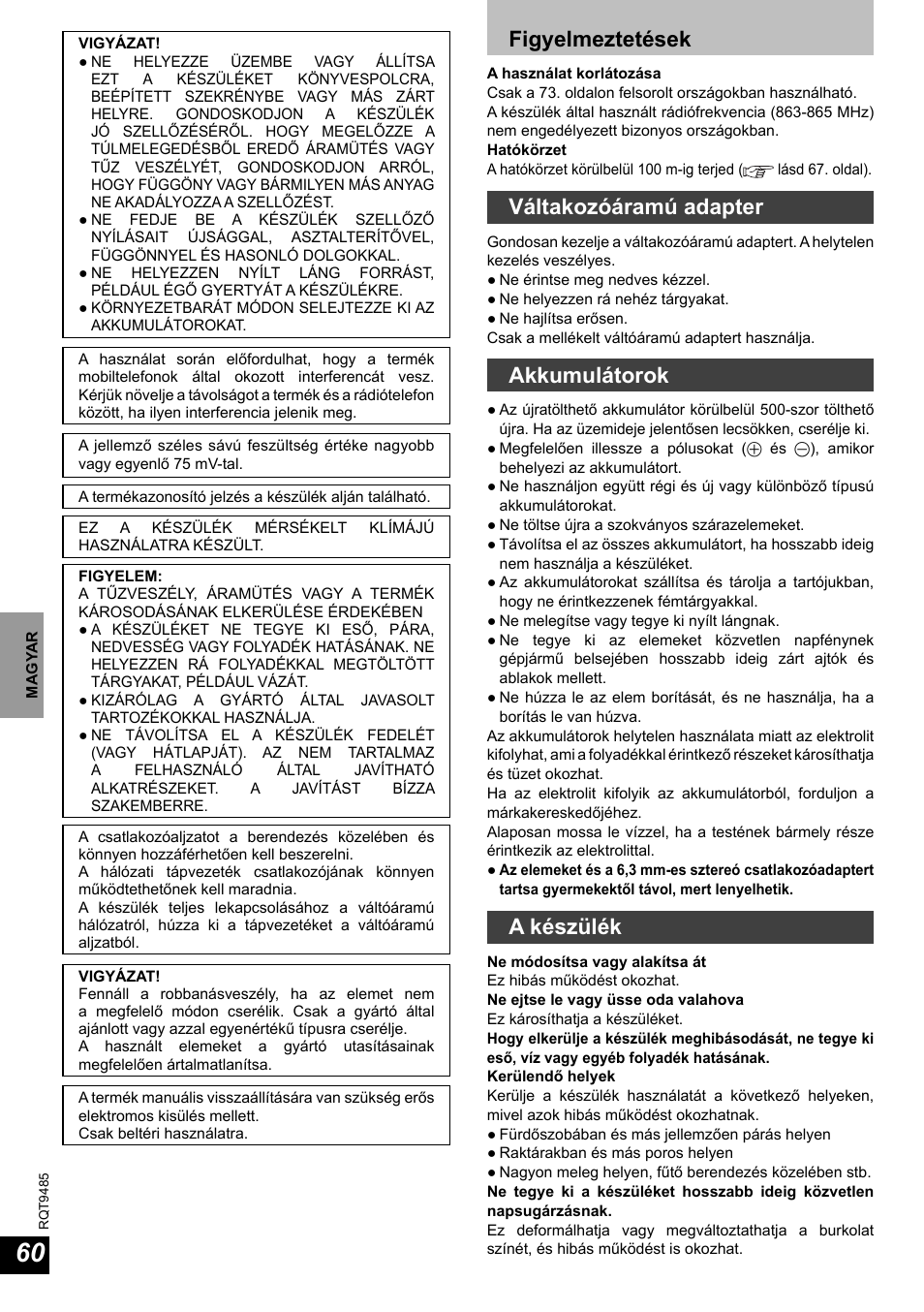 Figyelmeztetések, Váltakozóáramú adapter, Akkumulátorok | A készülék | Panasonic RPWF950 User Manual | Page 60 / 96
