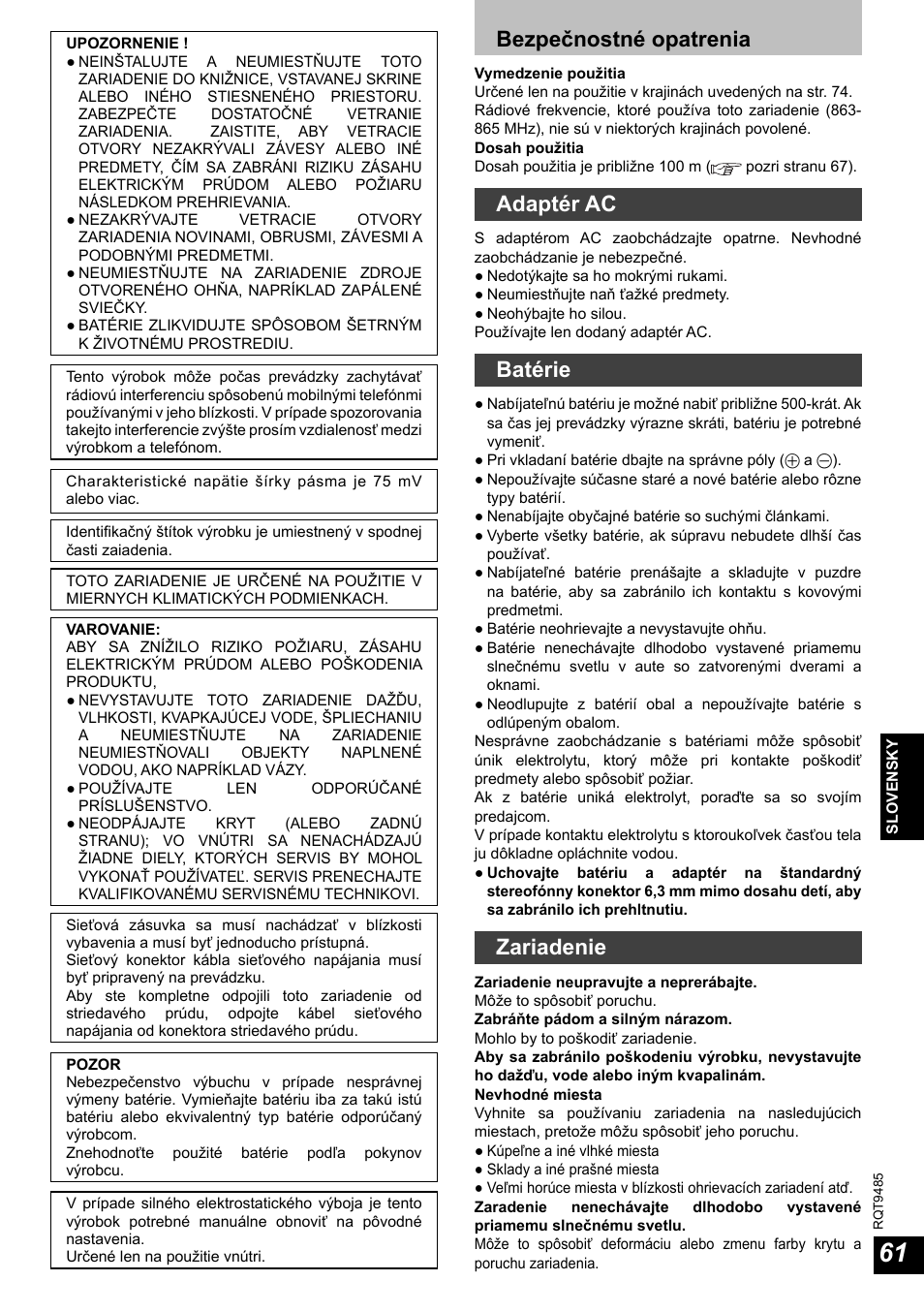 Bezpečnostné opatrenia, Adaptér ac, Batérie | Zariadenie | Panasonic RPWF950 User Manual | Page 61 / 96