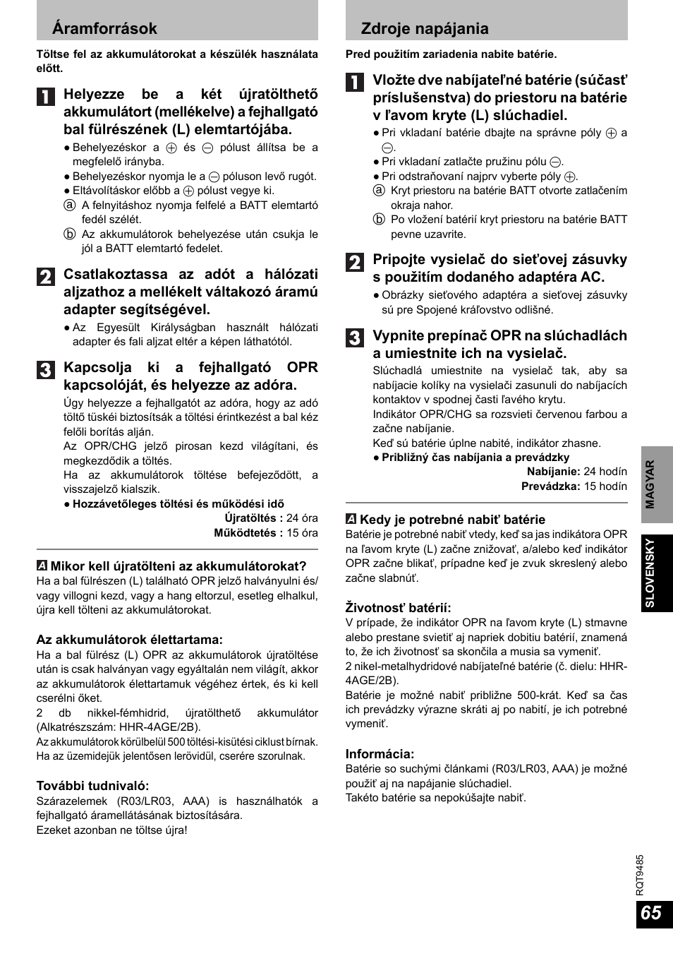 Áramforrások, Zdroje napájania | Panasonic RPWF950 User Manual | Page 65 / 96
