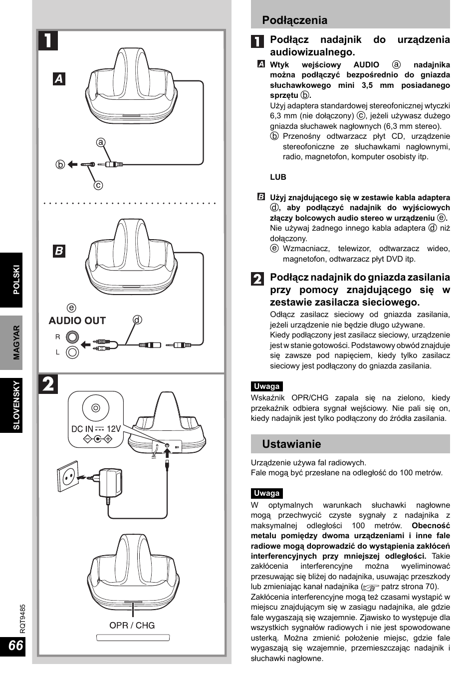 Podłączenia, Ustawianie, Podłącz nadajnik do urządzenia audiowizualnego | Panasonic RPWF950 User Manual | Page 66 / 96