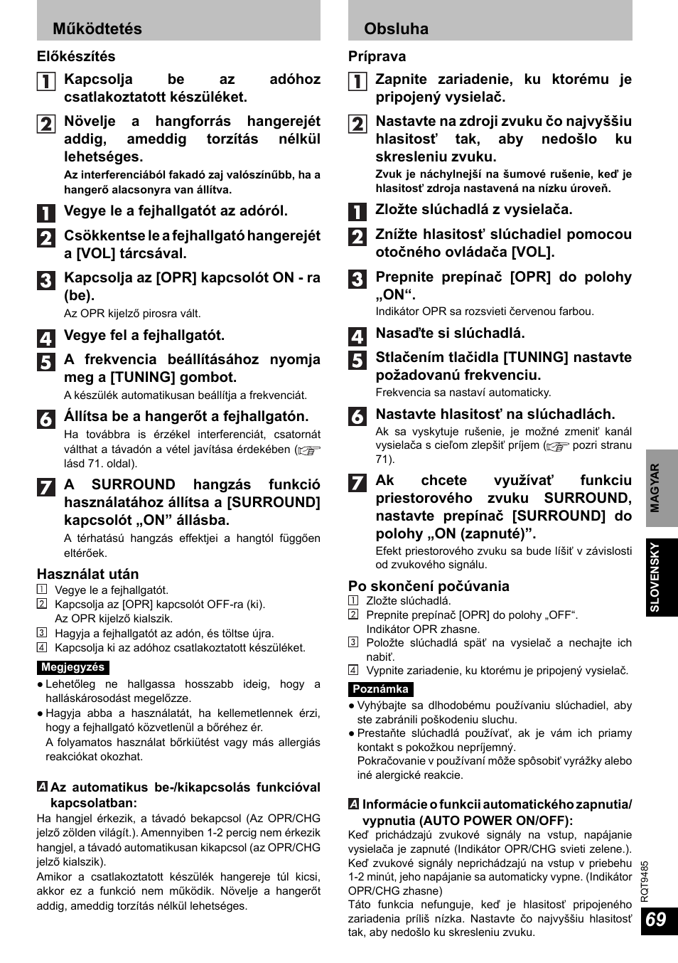 Működtetés, Obsluha | Panasonic RPWF950 User Manual | Page 69 / 96