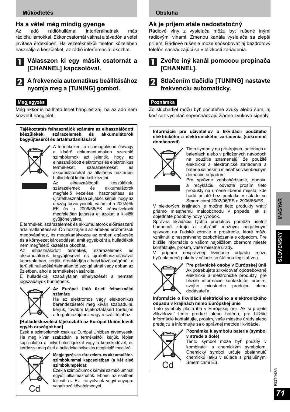 Ak je príjem stále nedostatočný, Ha a vétel még mindig gyenge | Panasonic RPWF950 User Manual | Page 71 / 96