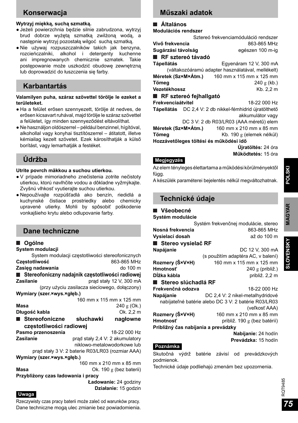 Konserwacja, Karbantartás, Údržba | Dane techniczne, Műszaki adatok, Technické údaje | Panasonic RPWF950 User Manual | Page 75 / 96