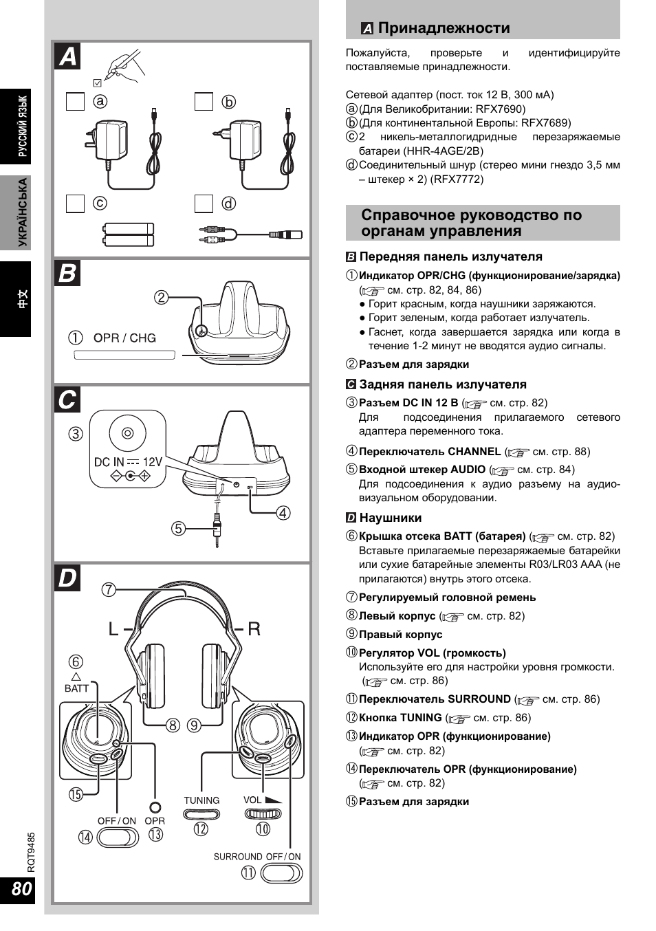 Принадлежности, Справочное руководство по органам управления | Panasonic RPWF950 User Manual | Page 80 / 96