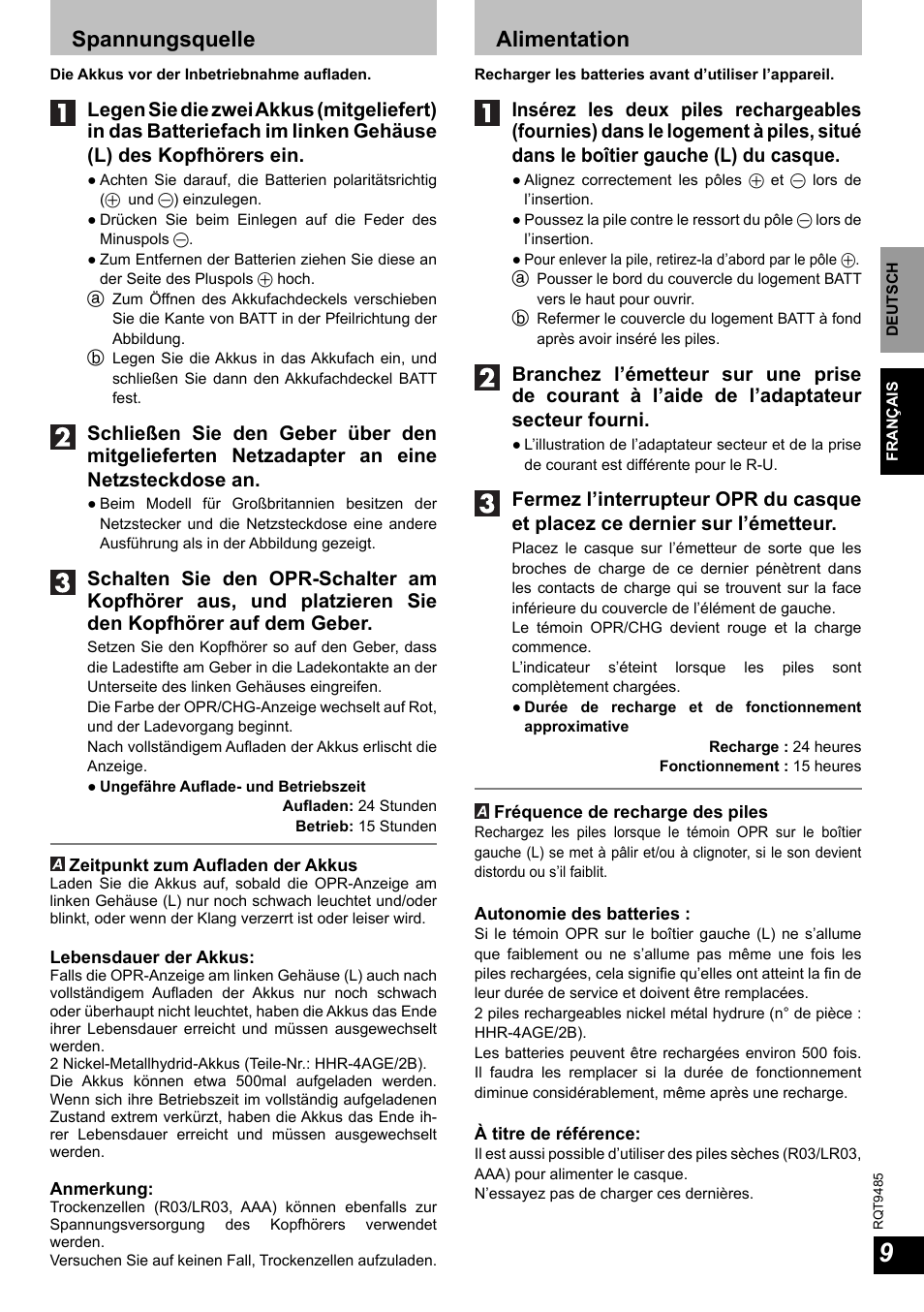 Spannungsquelle, Alimentation | Panasonic RPWF950 User Manual | Page 9 / 96