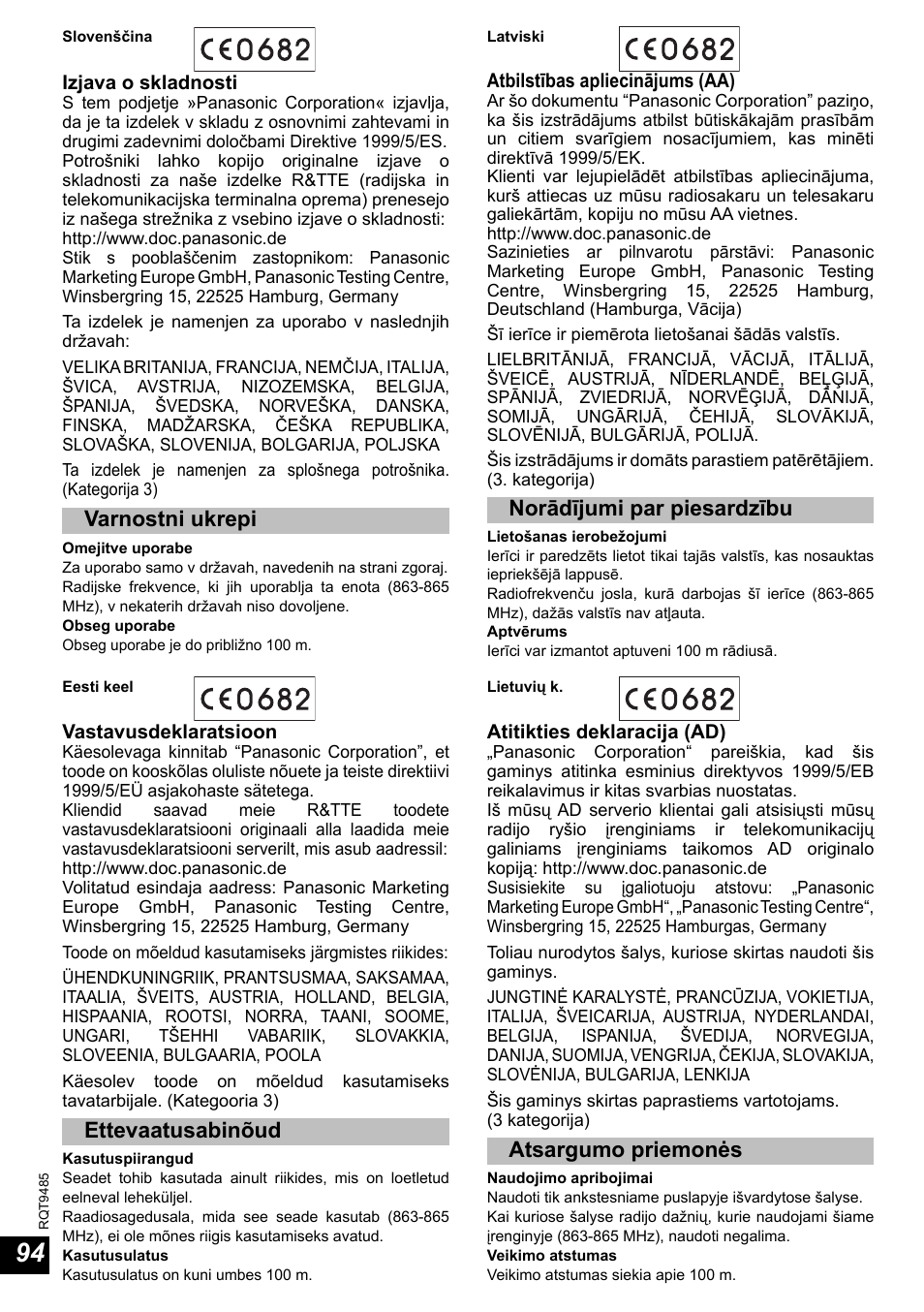 Ettevaatusabinõud, Norādījumi par piesardzību, Atsargumo priemonės | Varnostni ukrepi | Panasonic RPWF950 User Manual | Page 94 / 96