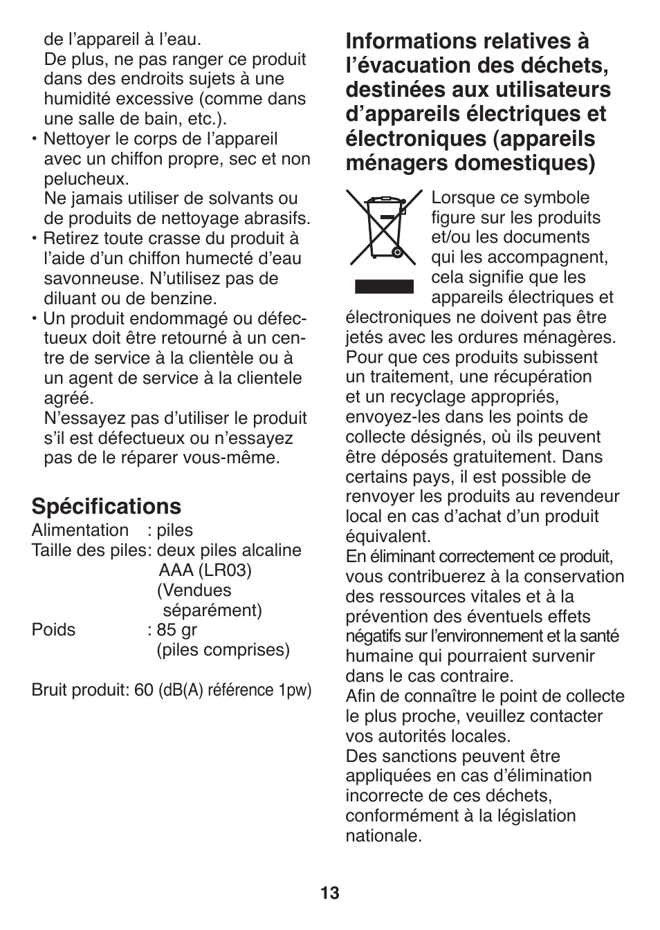 Spécifications | Panasonic ES2401 User Manual | Page 13 / 64