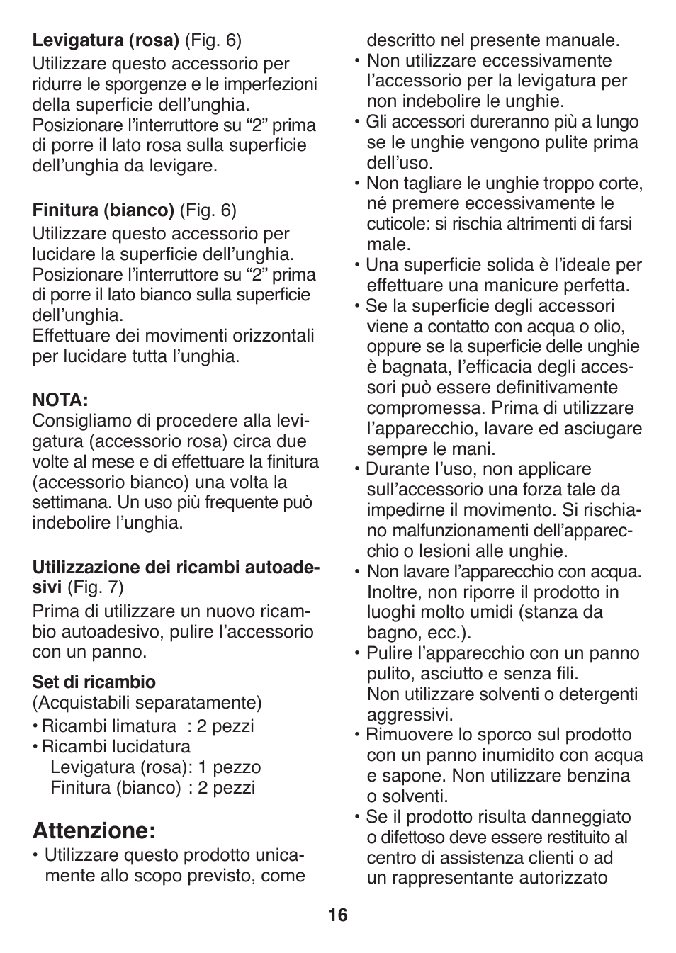 Attenzione | Panasonic ES2401 User Manual | Page 16 / 64