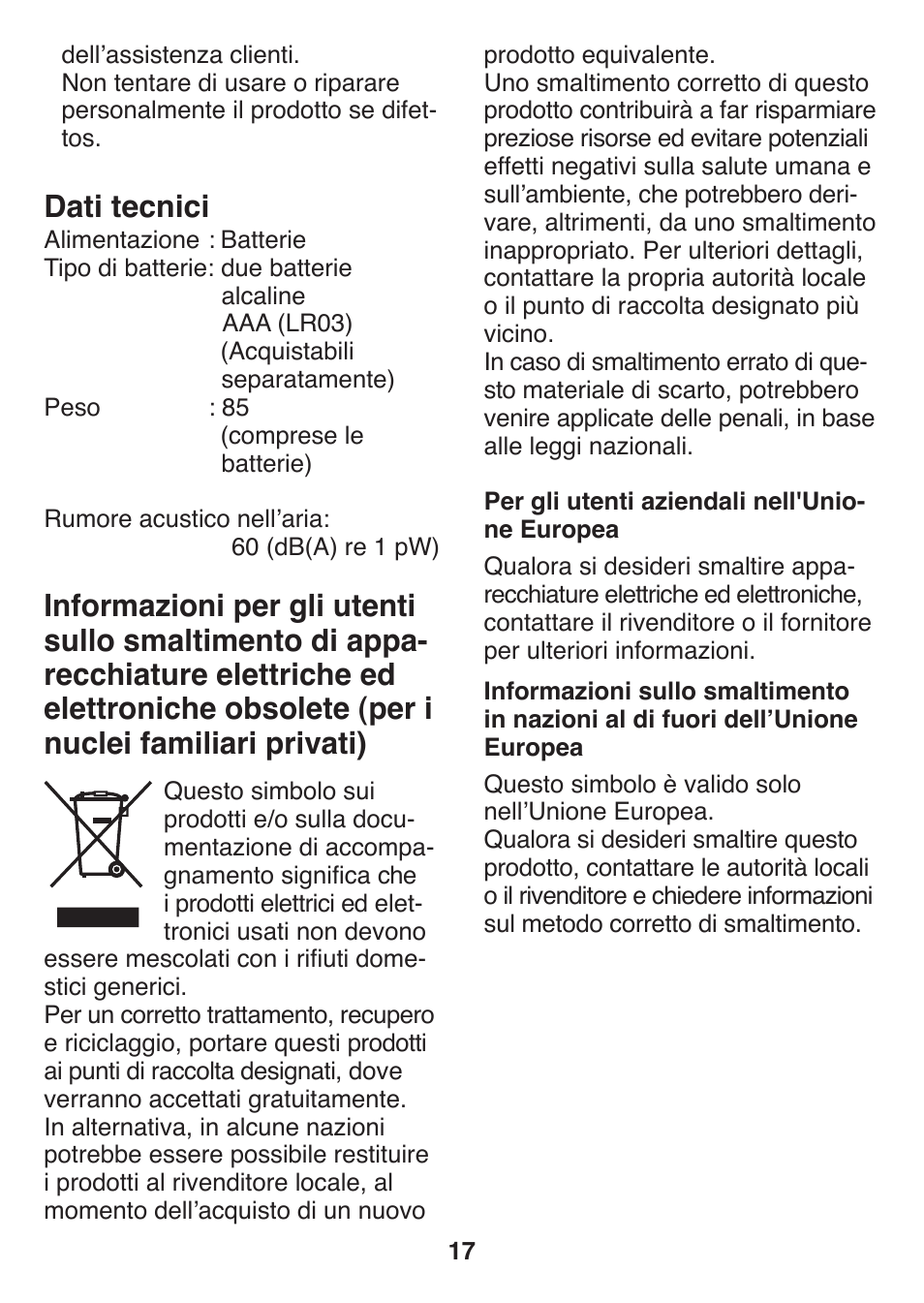 Dati tecnici | Panasonic ES2401 User Manual | Page 17 / 64