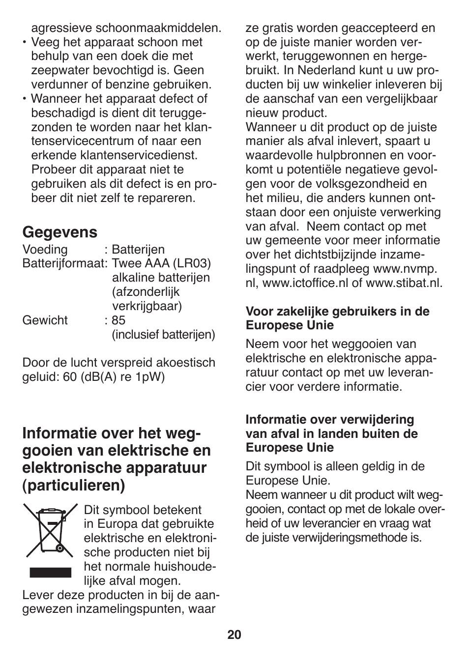 Gegevens | Panasonic ES2401 User Manual | Page 20 / 64