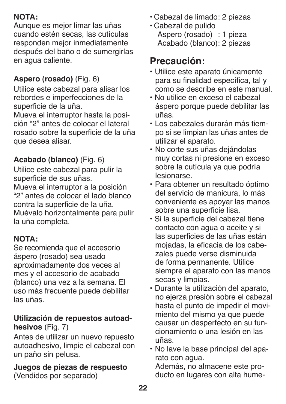 Precaución | Panasonic ES2401 User Manual | Page 22 / 64