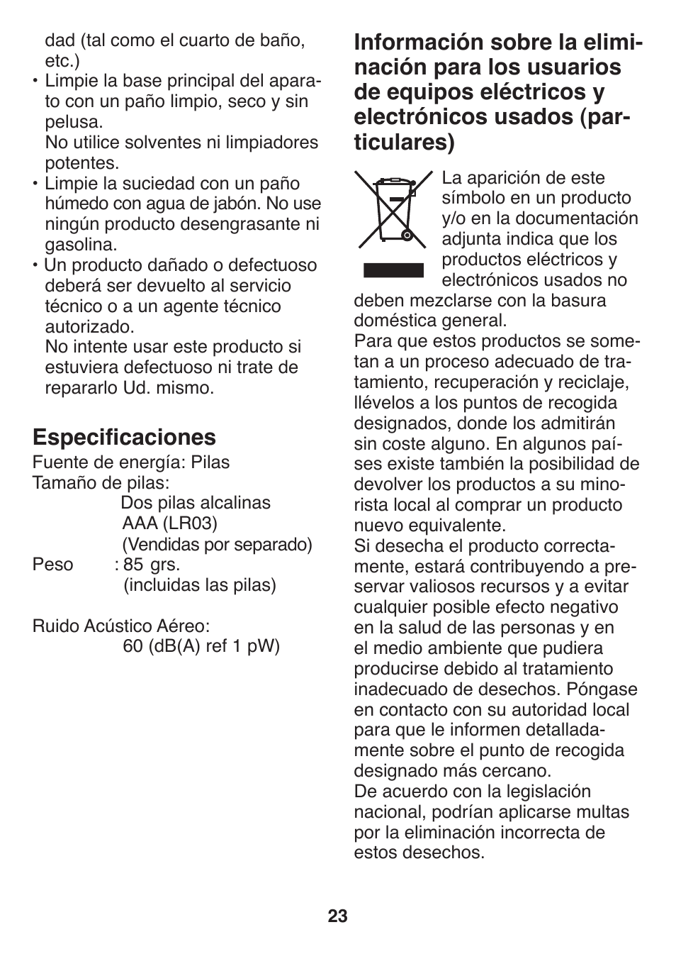 Especificaciones | Panasonic ES2401 User Manual | Page 23 / 64