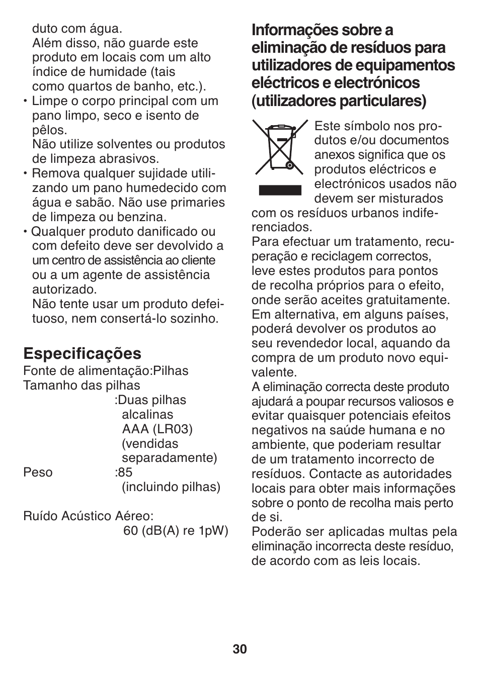 Especificações | Panasonic ES2401 User Manual | Page 30 / 64