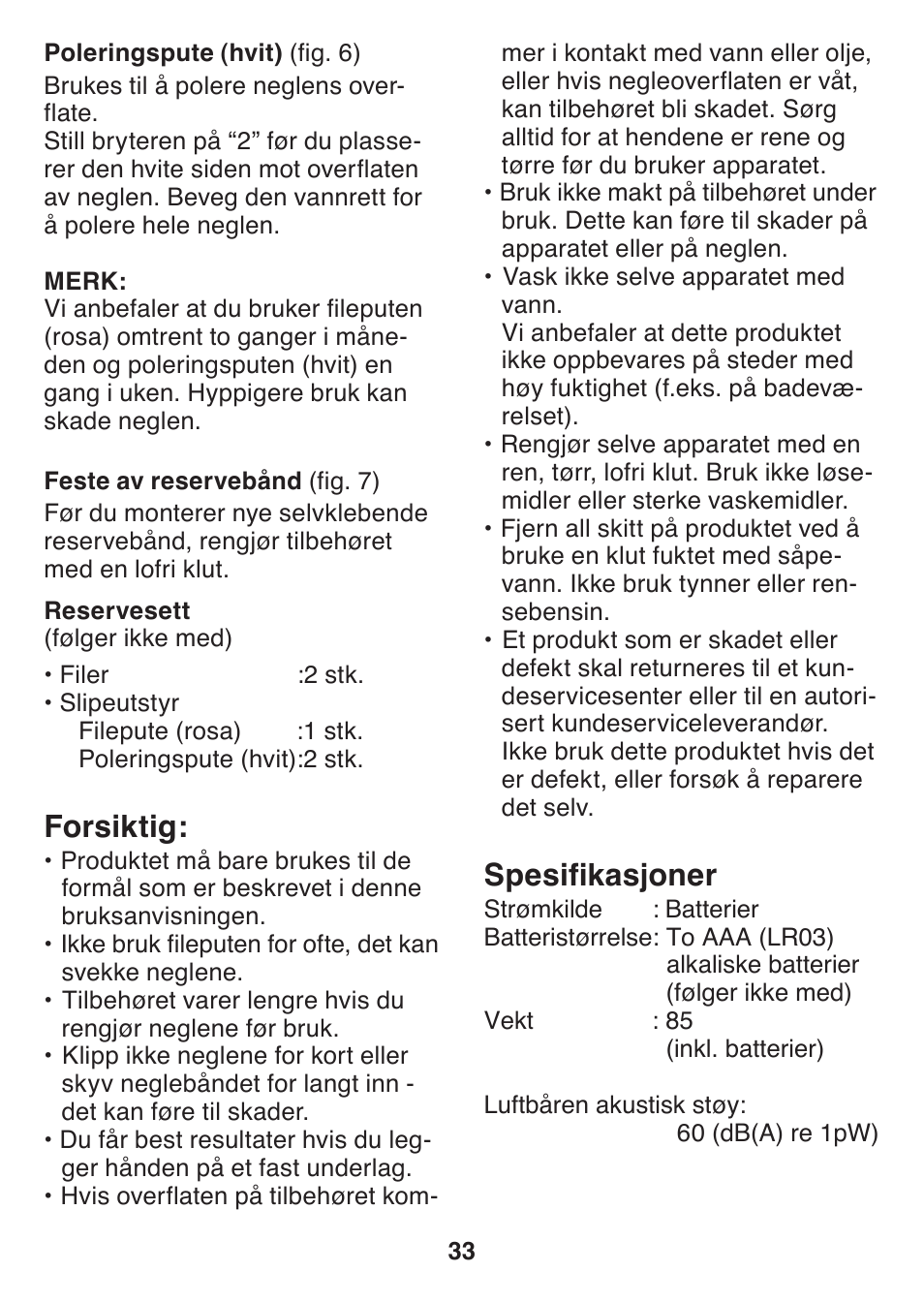 Forsiktig, Spesifikasjoner | Panasonic ES2401 User Manual | Page 33 / 64