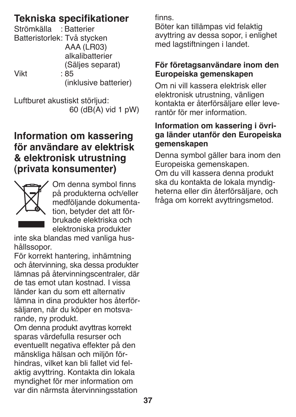 Tekniska specifikationer | Panasonic ES2401 User Manual | Page 37 / 64