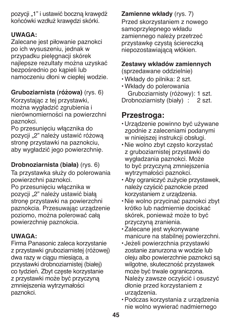 Przestroga | Panasonic ES2401 User Manual | Page 45 / 64