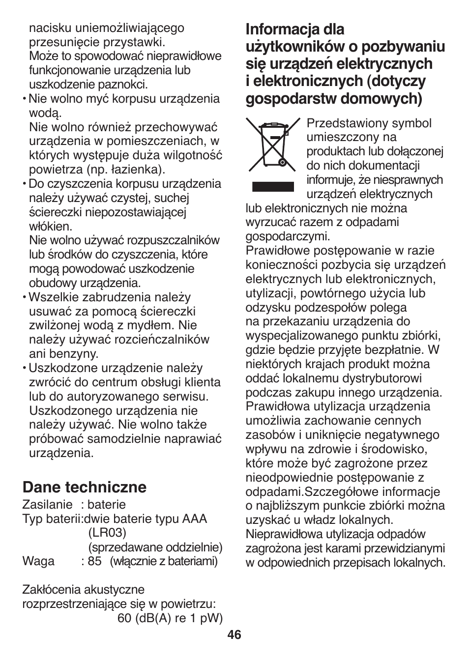 Dane techniczne | Panasonic ES2401 User Manual | Page 46 / 64