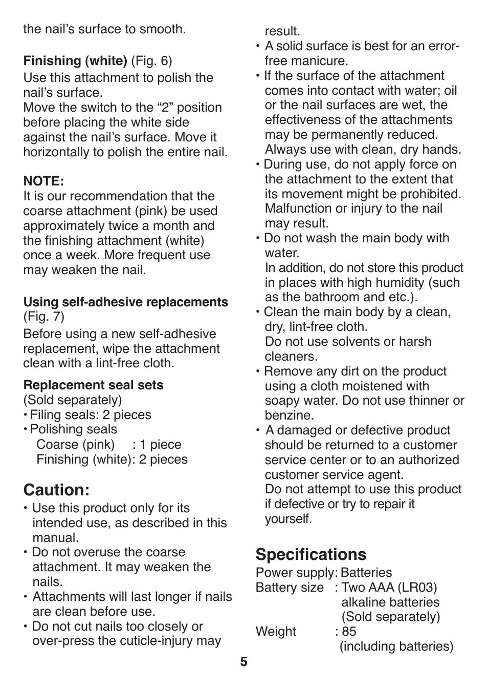 Caution, Specifications | Panasonic ES2401 User Manual | Page 5 / 64