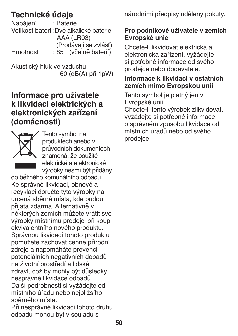 Technické údaje | Panasonic ES2401 User Manual | Page 50 / 64