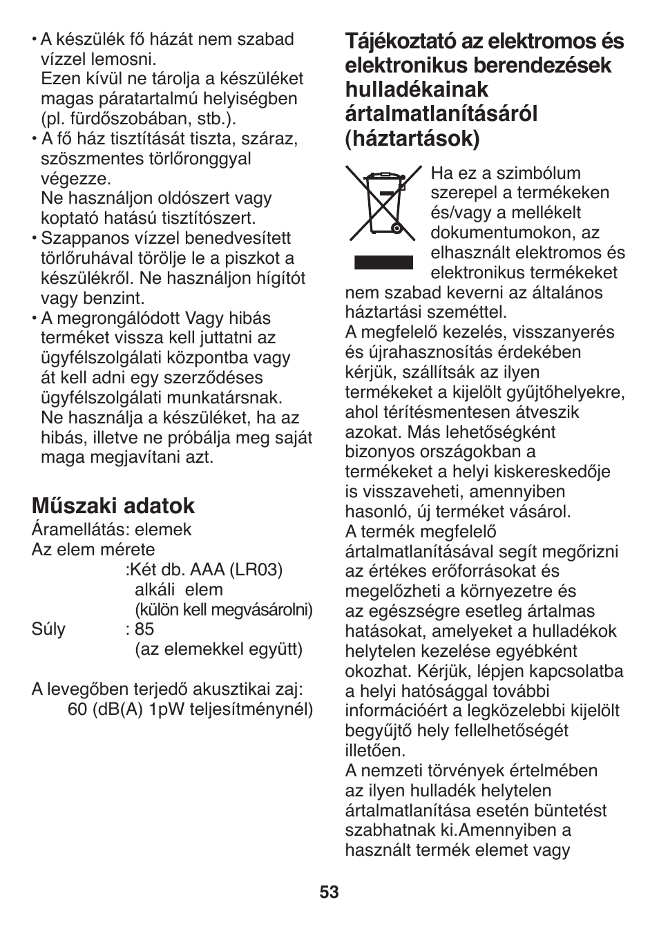 Műszaki adatok | Panasonic ES2401 User Manual | Page 53 / 64