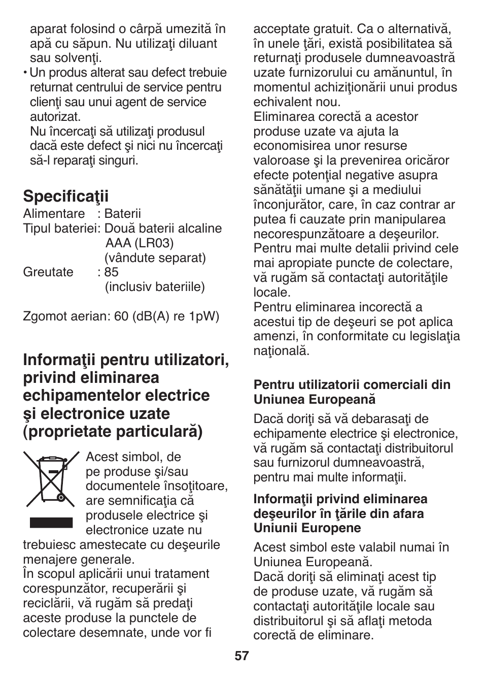 Specificaţii | Panasonic ES2401 User Manual | Page 57 / 64
