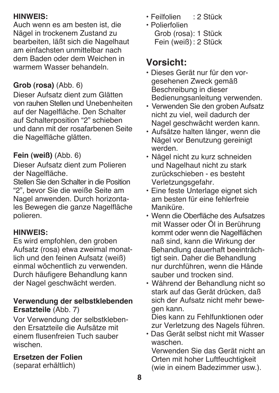 Vorsicht | Panasonic ES2401 User Manual | Page 8 / 64