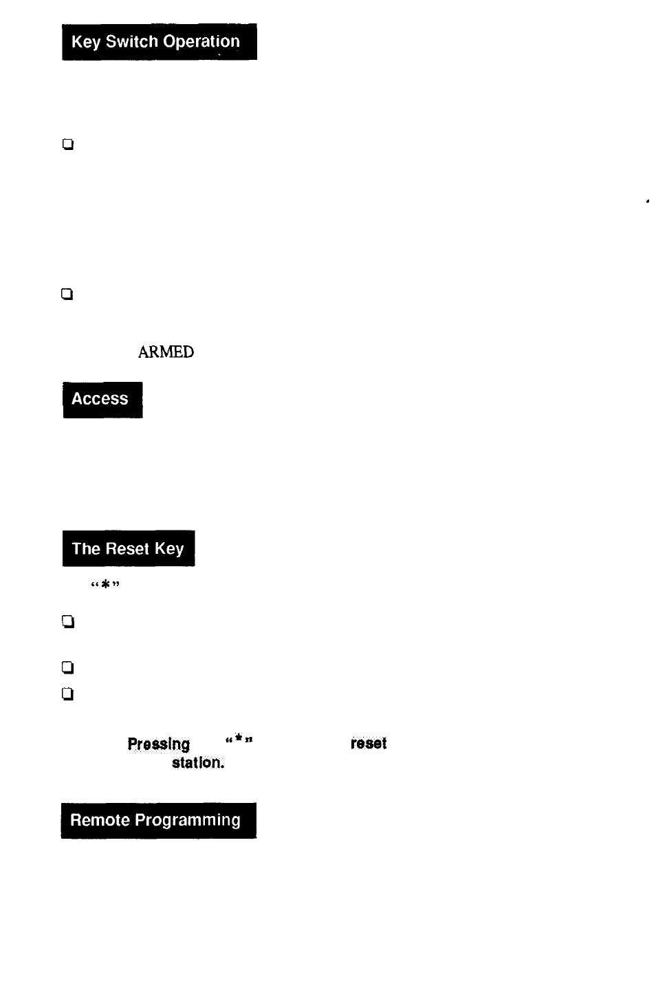 Access control, Keyswitch operation, Remote programming | Reset key, Key switch operation, Access, The reset key | ADT Security Services Safewatch Plus Enterpreneur Security Systems User Manual | Page 12 / 28