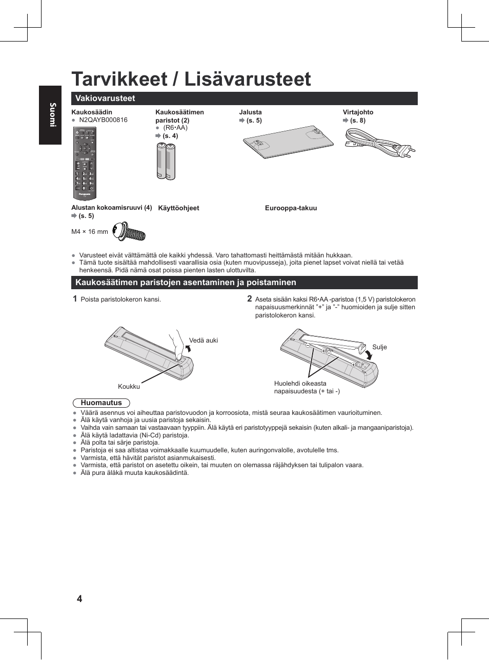 Pikaopas, Tarvikkeet / lisävarusteet, Suomi | Vakiovarusteet, Huomautus | Panasonic TX32A400E User Manual | Page 104 / 302