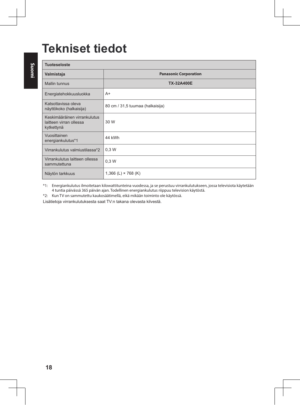 Tekniset tiedot | Panasonic TX32A400E User Manual | Page 118 / 302