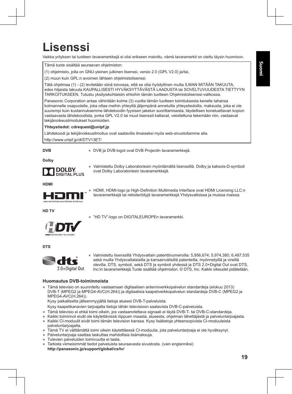 Lisenssi | Panasonic TX32A400E User Manual | Page 119 / 302