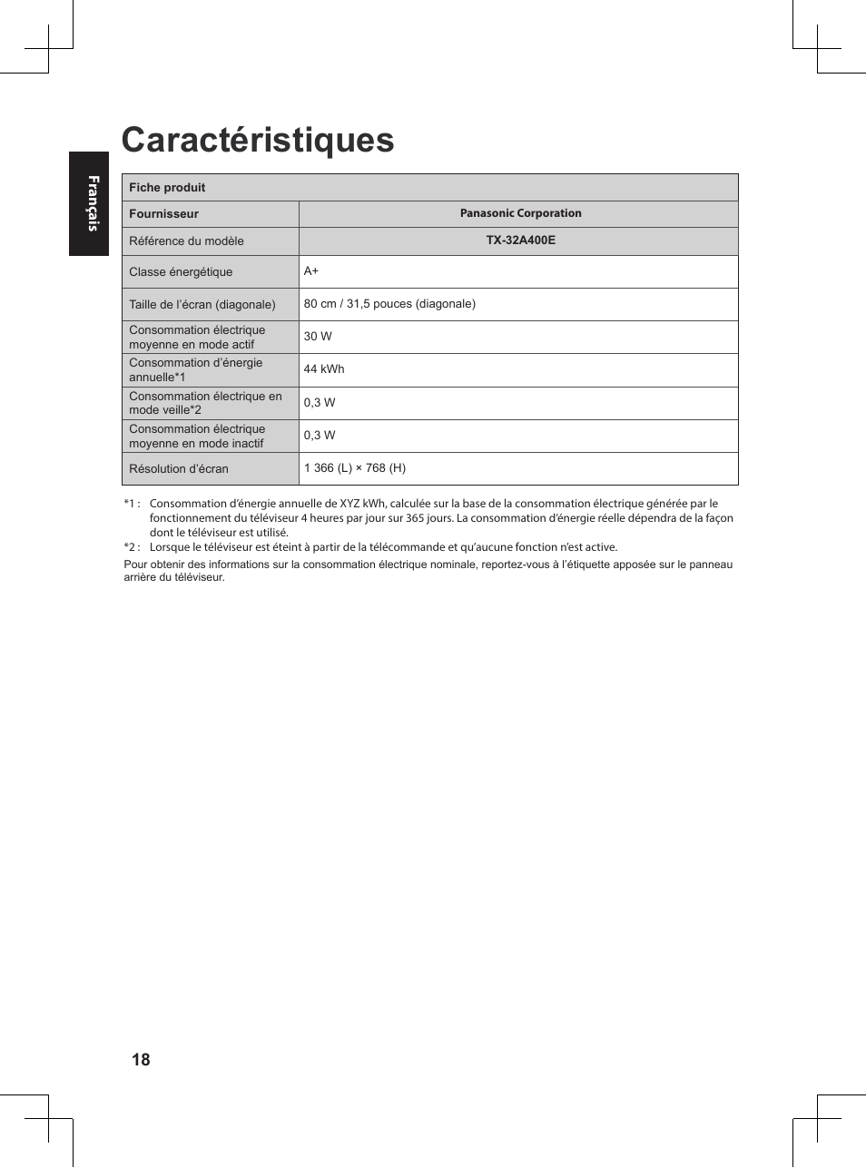 Caractéristiques | Panasonic TX32A400E User Manual | Page 138 / 302