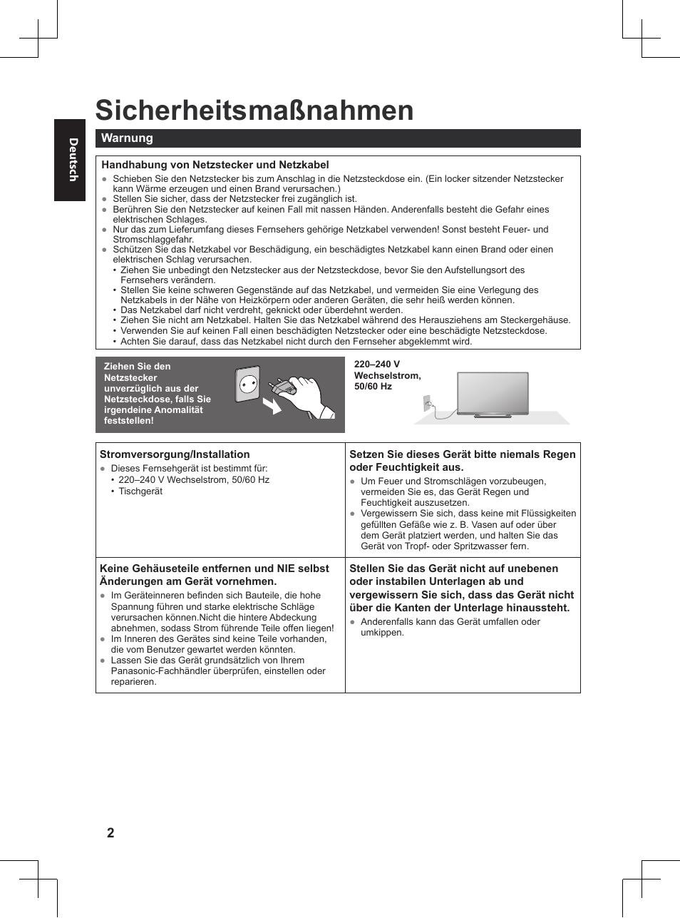 Bitte unbedingt lesen, Sicherheitsmaßnahmen | Panasonic TX32A400E User Manual | Page 142 / 302