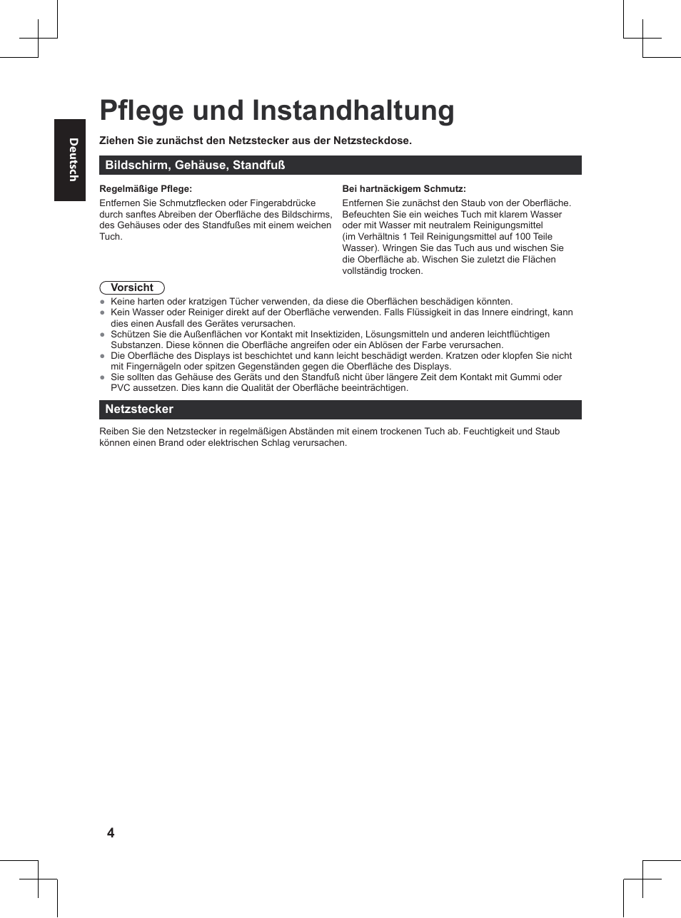 Pflege und instandhaltung | Panasonic TX32A400E User Manual | Page 144 / 302